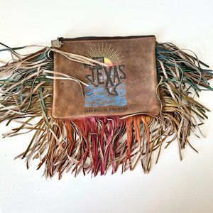 Junk Gypsy Lane Boots Brown Leather Clutch Purse Wristlet Fringe 10 x 7.5 Texas